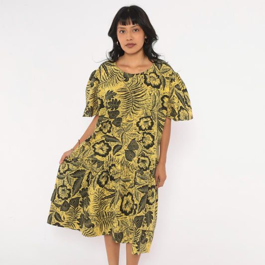 80s Yellow Black Hibiscus Tropical Floral Cotton Dress Flutter Sleeve Extra Large