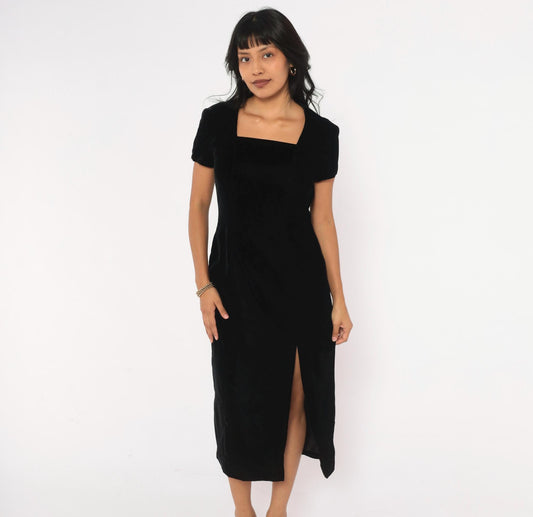 90s Sara Campbell Velvet Midi Dress Black Square Neck Short Sleeve Small S