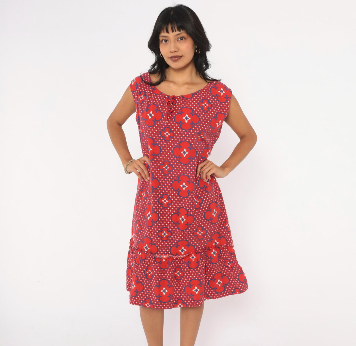 80s Red Floral Cotton Sundress Cobalt Geometric Print Drop Waist Cap Sleeve Large