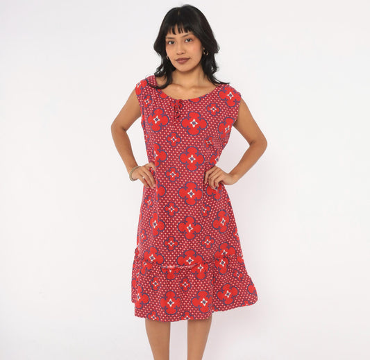 80s Red Floral Cotton Sundress Cobalt Geometric Print Drop Waist Cap Sleeve Large