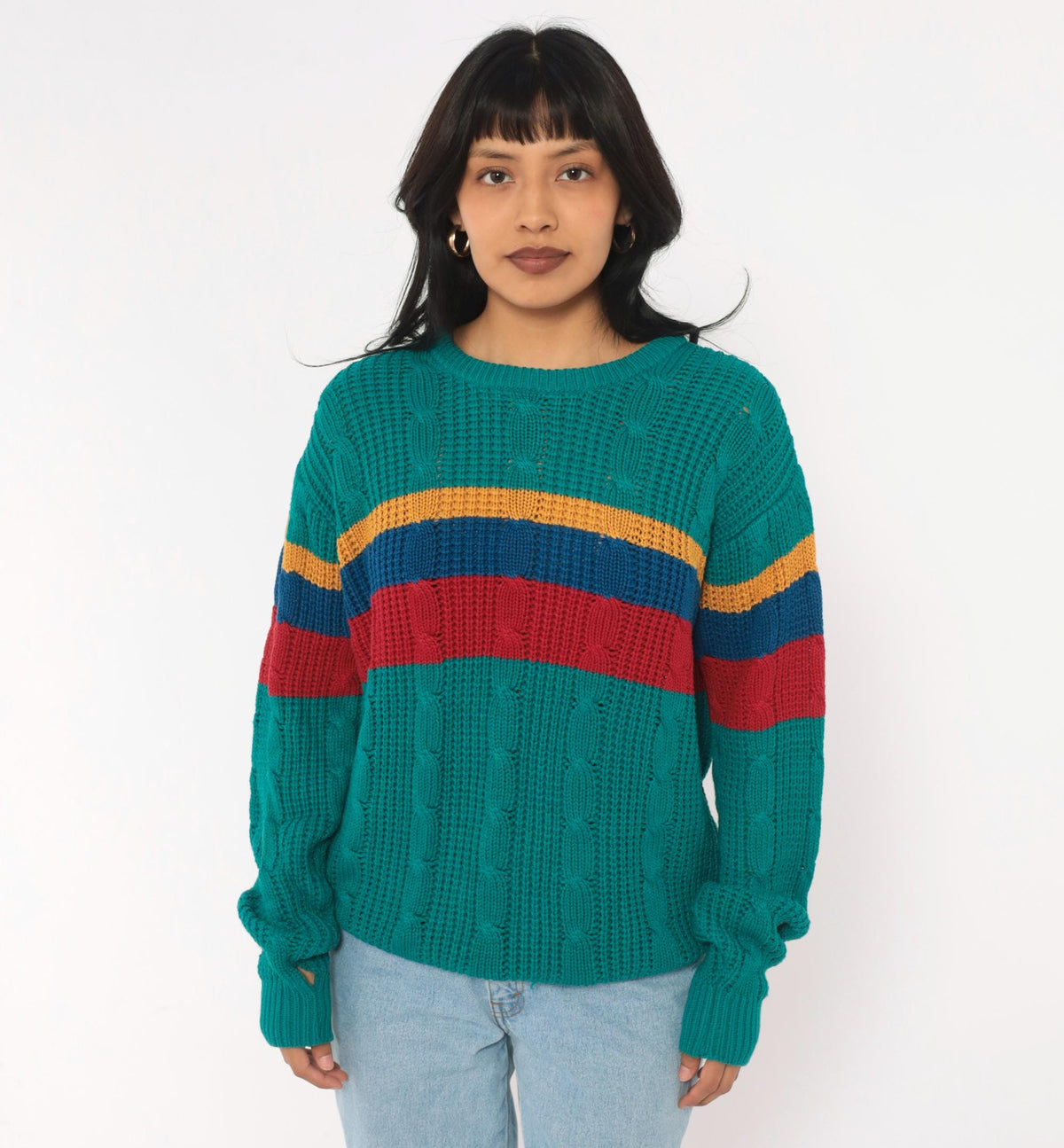 80s Teal Cable Knit Sweater Color Block Stripes Crew Neck Medium M