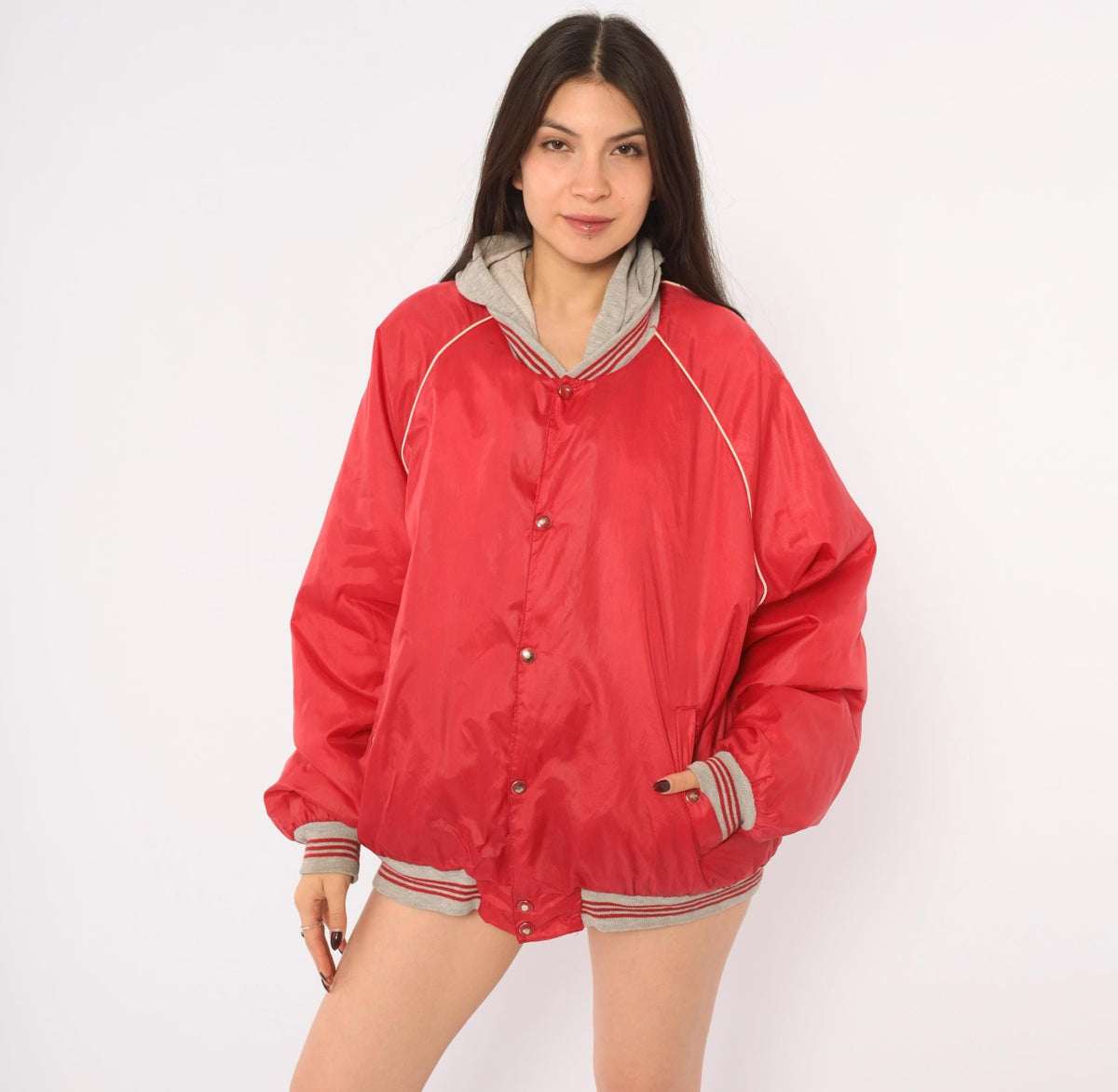 80s Bass Pro Shops Hooded Bomber Jacket Red Grey Raglan Windbreaker Medium