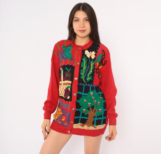 90s Hand Knit Cardigan Red Garden Scene Intarsia Floral Button Front Medium