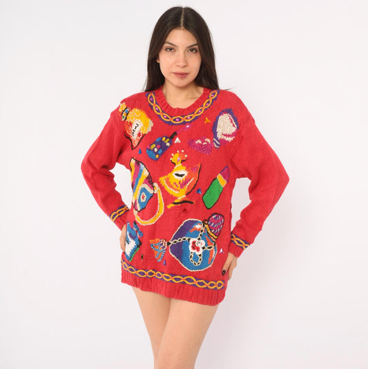 90s Chaus Petites Red Knit Sweater Perfume Lipstick Jewelry Embroidered Rhinestone Medium M