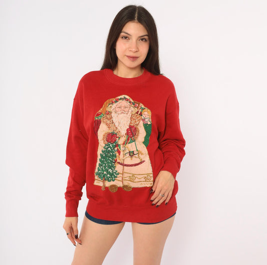 80s Santa Claus Christmas Sweatshirt Red Sequin Glitter Graphic Medium
