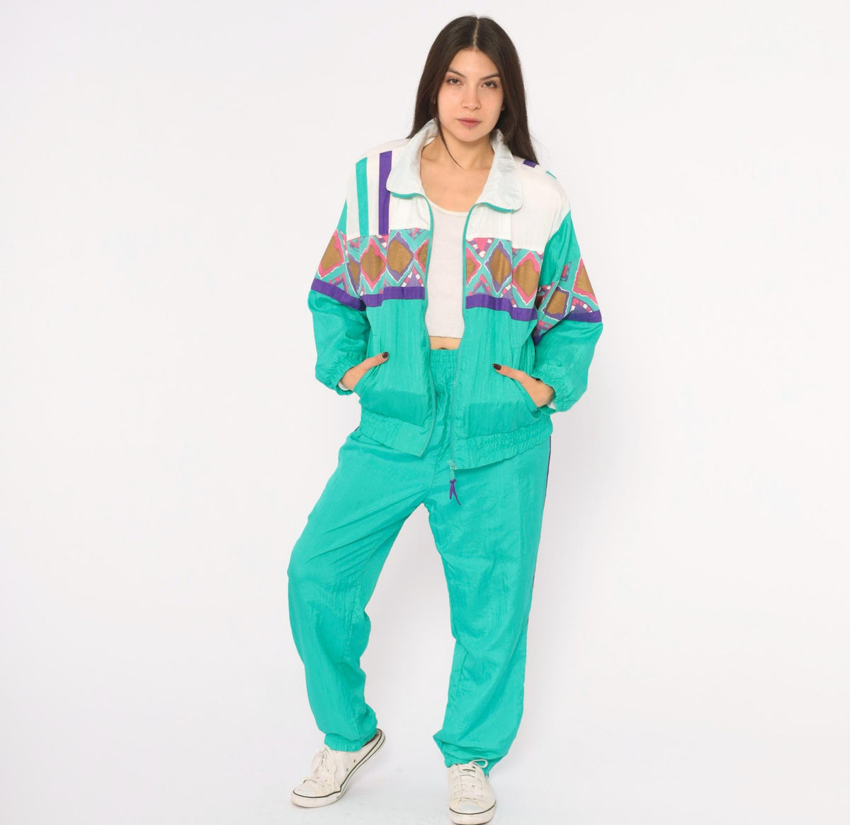 90s PS Sport Teal Tracksuit Set Windbreaker Jacket Jogger Pants Geometric Diamond Print Small