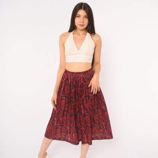 90s Paisley A-Line Skirt Red Black Purple Print Elastic Waist Large L