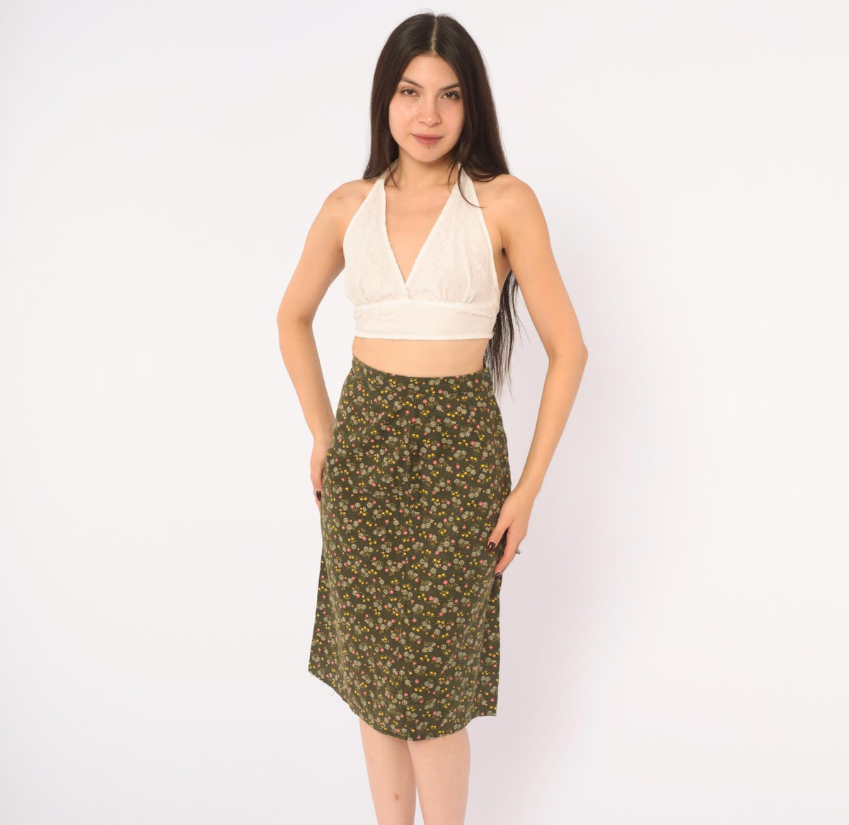70s Olive Green Ditsy Floral A-Line Skirt High Waist Prairie Extra Small XS