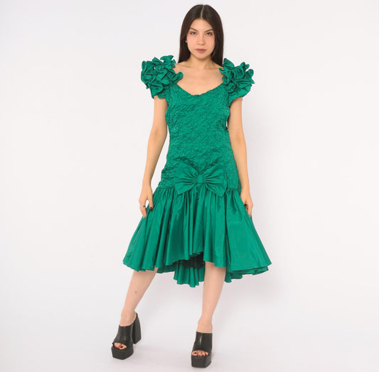 80s Teal Prom Dress Ruffled Shoulder Drop Waist Bow Front Midi Medium M
