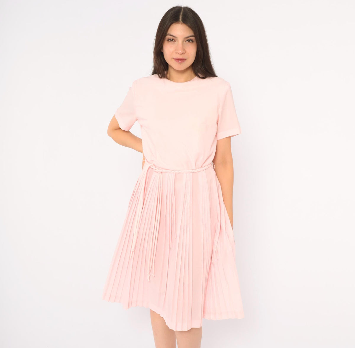 60s Blush Pink Pleated Day Dress Blouson Dropped Waist Crew Neck Small S
