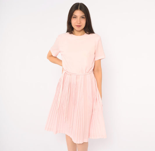 60s Blush Pink Pleated Day Dress Blouson Dropped Waist Crew Neck Small S