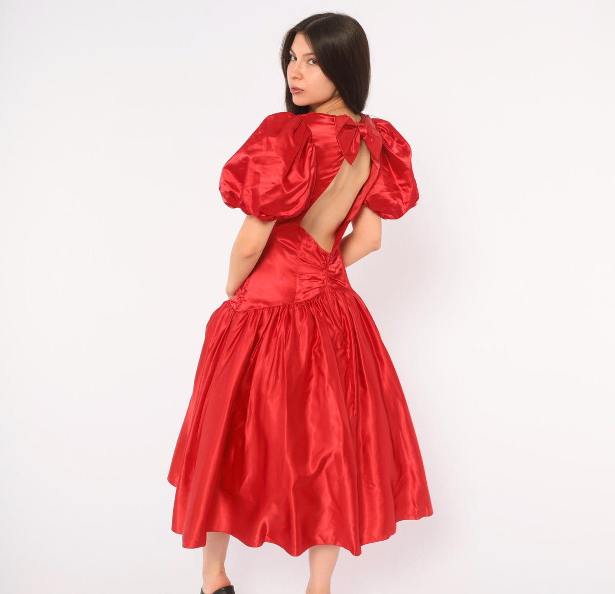80s Red Prom Dress Sweetheart Neckline Puff Sleeve Open Back Midi Medium