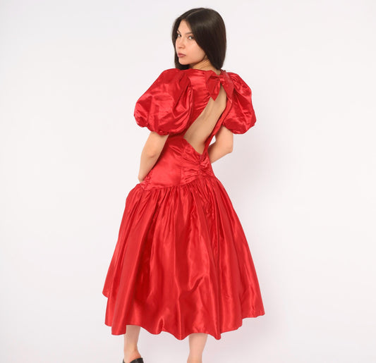 80s Red Prom Dress Sweetheart Neckline Puff Sleeve Open Back Midi Medium