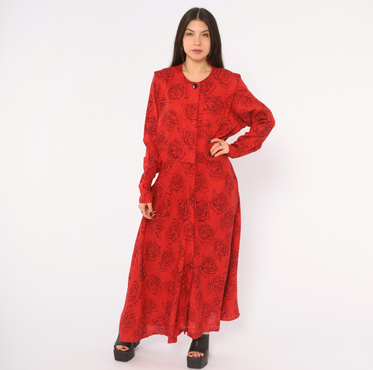 80s Red Rose Print Linen Dress Black Floral Ankle Length Button Front Medium