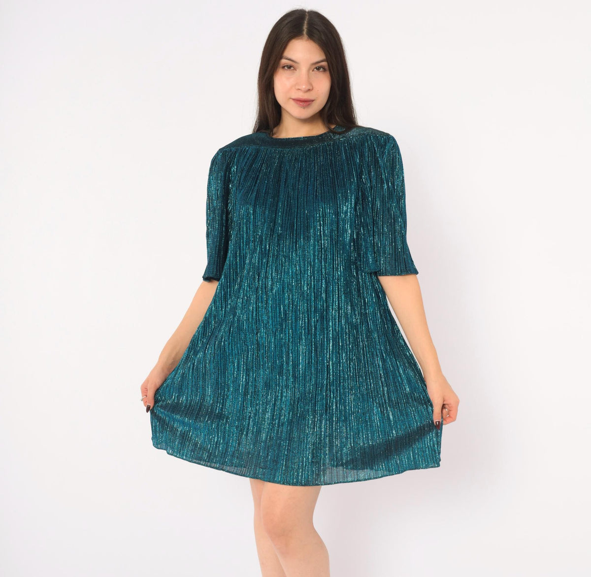 80s Risa Ann Teal Metallic Party Dress Plisse Pleated Flutter Sleeve Large