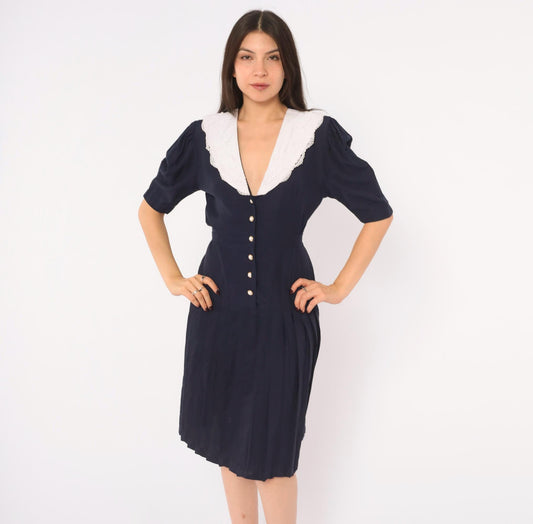 90s Navy Lace Collar Dress White Pearl Buttons Puff Sleeve Pleated Skirt Small