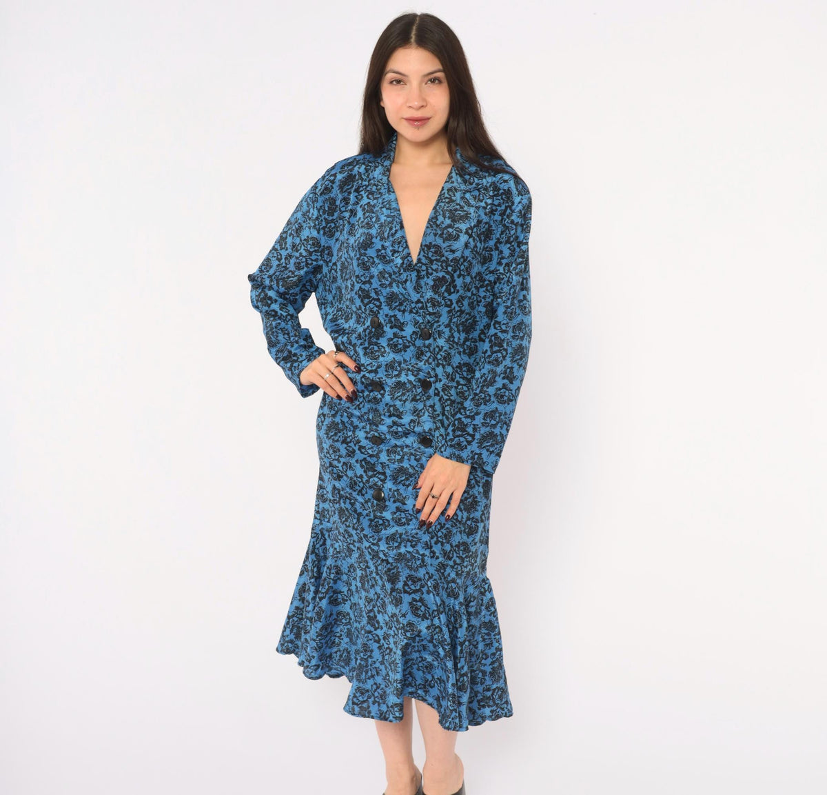 80s Très Paquette Blue Floral Midi Dress Double Breasted V Neck Extra Large