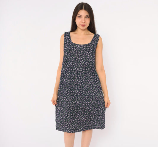 90s Navy Floral Shift Dress Purple Rose Print Sleeveless Cotton Small S