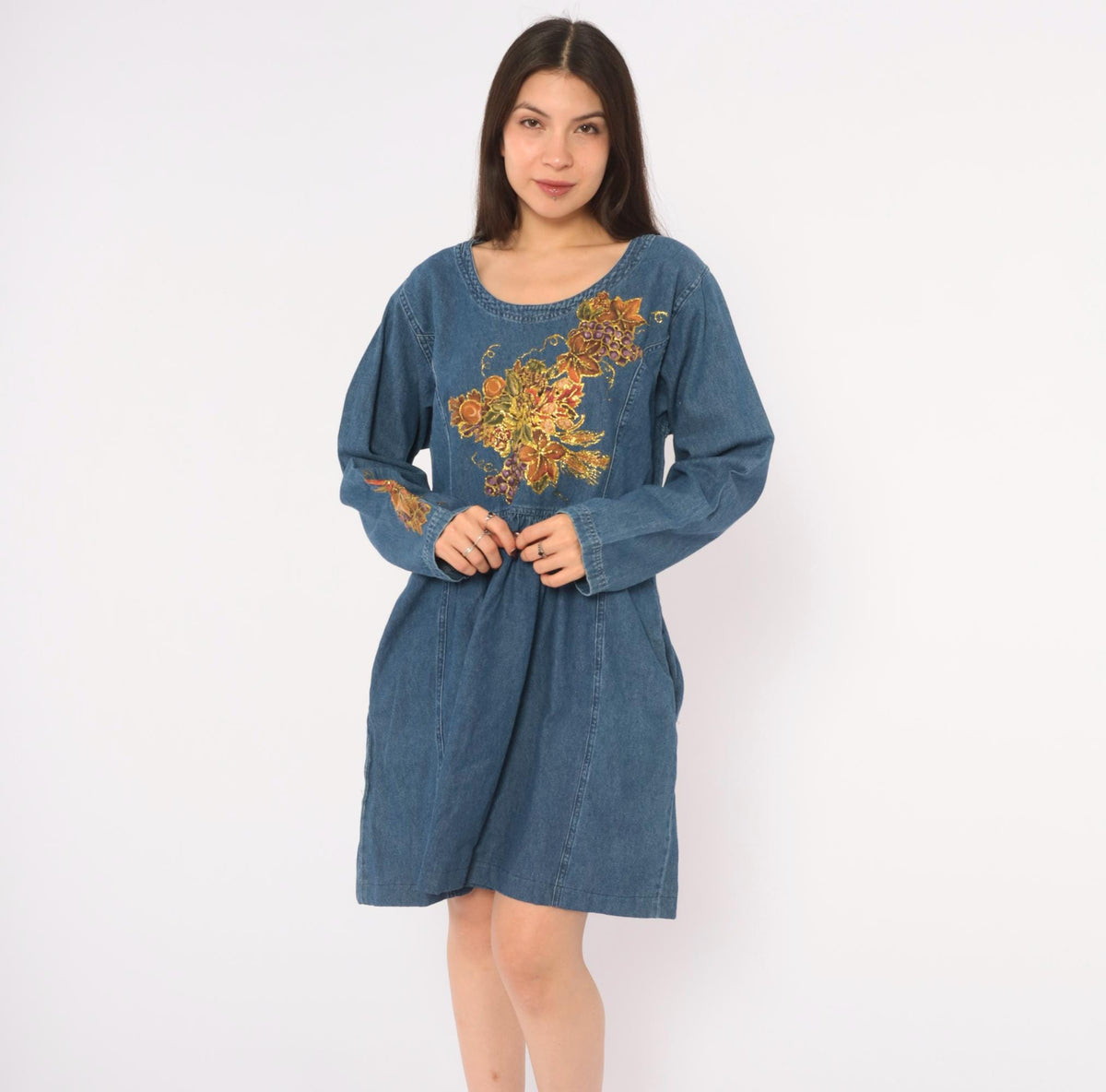 80s Sun Belt Denim Dress Hand Painted Grapes Gold Glitter Blue Cotton Large