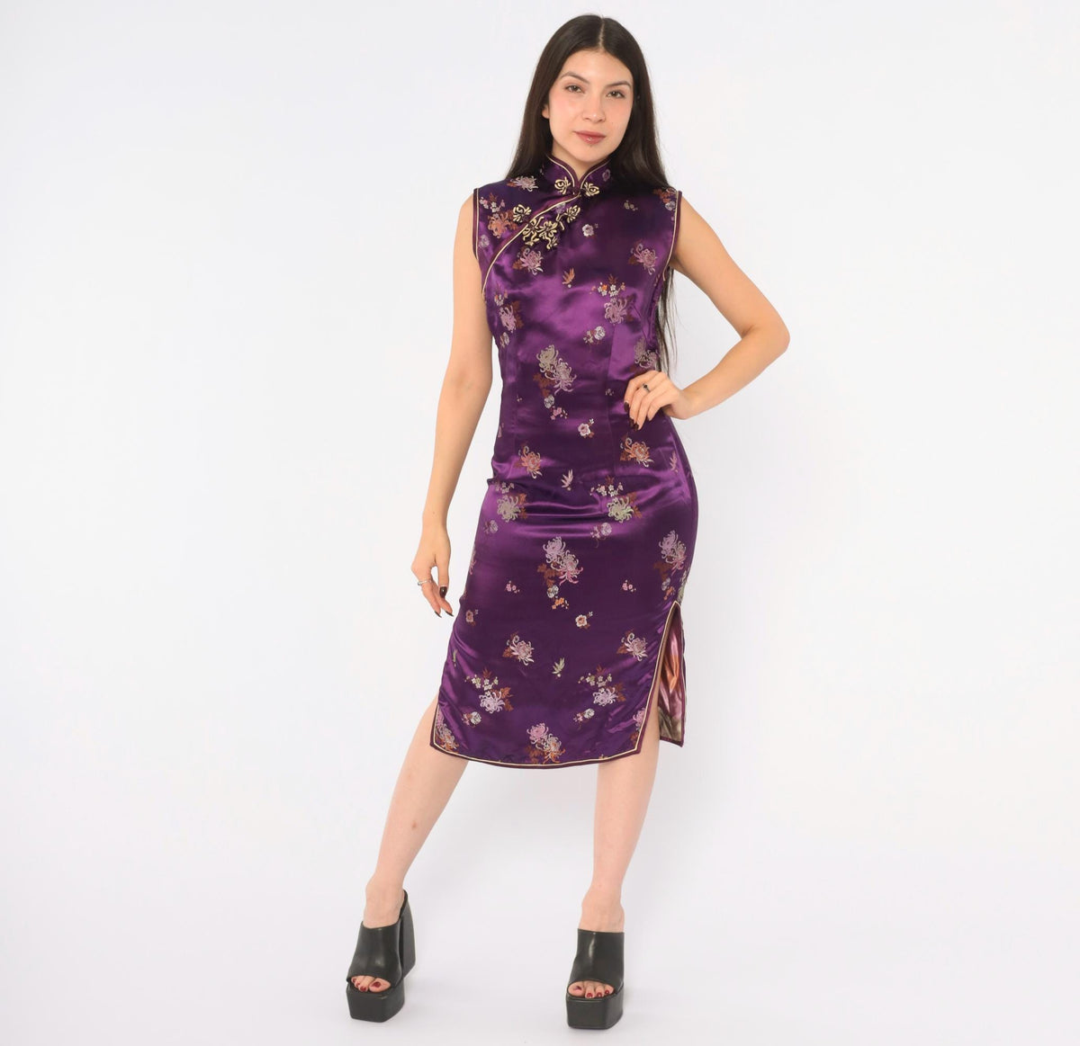 Y2K Purple Cheongsam Dress Floral Brocade Mandarin Collar Frog Button XS