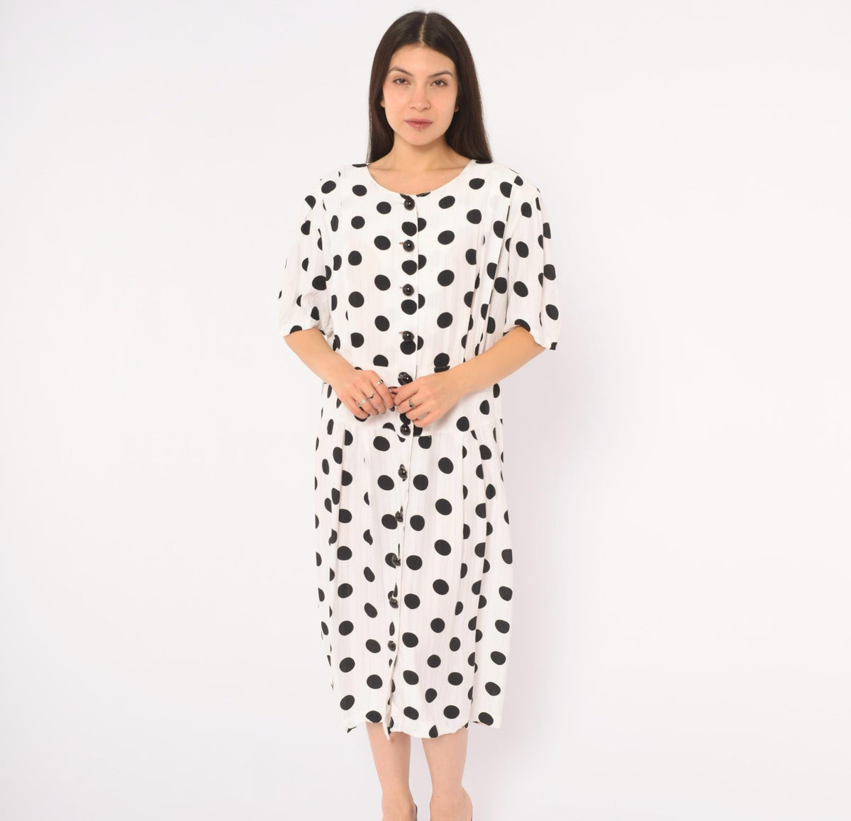 90s Success Dress Polka Dot White Black Button Front Knee Dress Extra Large