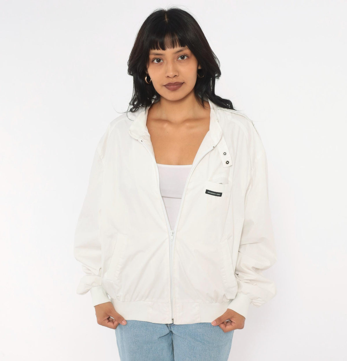 80s Members Only Bomber Jacket White Zip Front Raglan Windbreaker Small