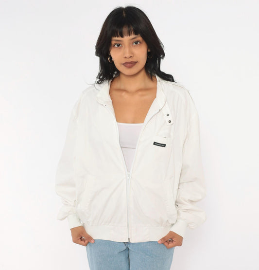 80s Members Only Bomber Jacket White Zip Front Raglan Windbreaker Small