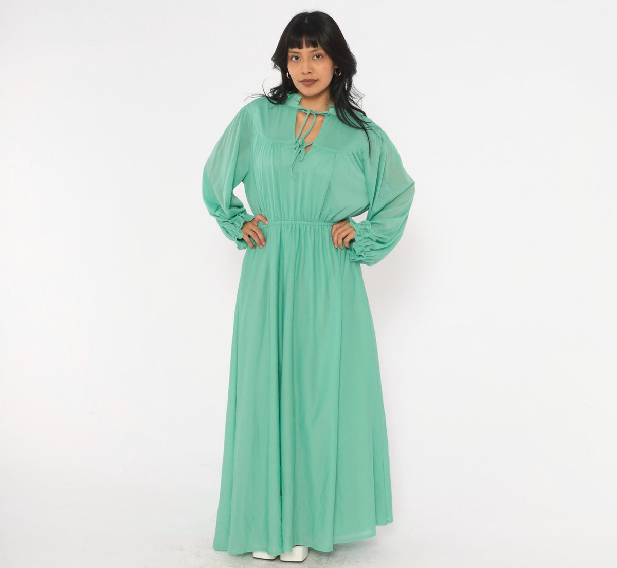 70s Sea Green Maxi Dress Balloon Sleeve Keyhole A-Line Extra Large