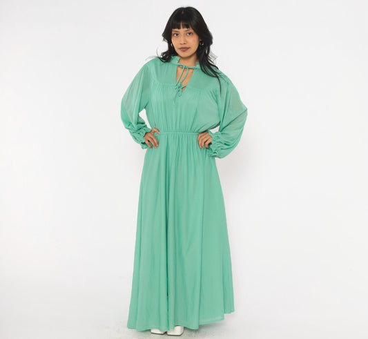 70s Sea Green Maxi Dress Balloon Sleeve Keyhole A-Line Extra Large