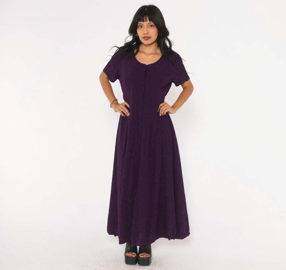 90s Dress Barn Purple Maxi Dress Button Front A-Line Short Sleeve Extra Large