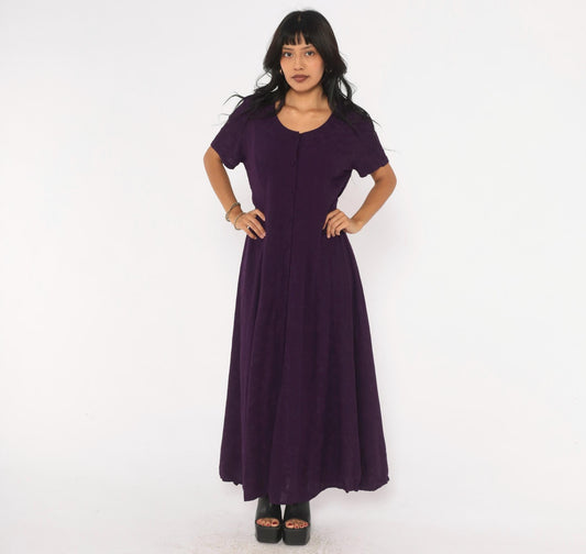 90s Dress Barn Purple Maxi Dress Button Front A-Line Short Sleeve Extra Large