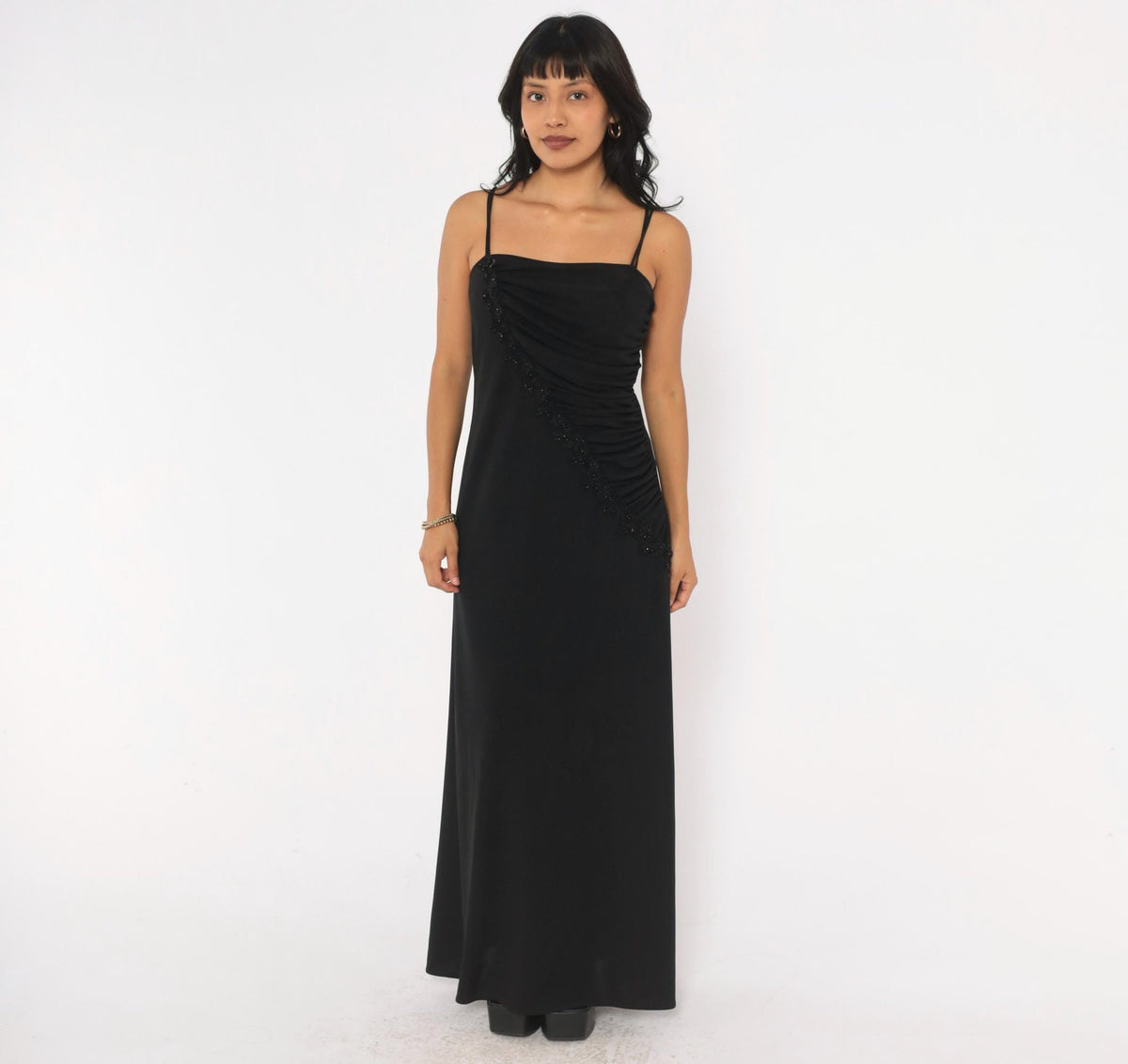 90s Scarlett Black Maxi Dress Beaded Trim Ruched Square Neck Medium M