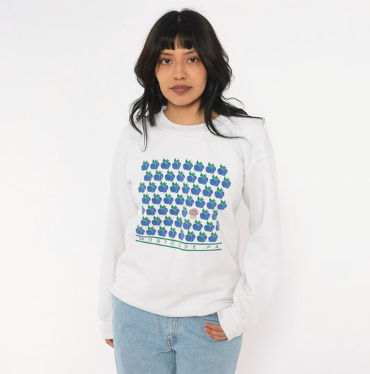 Y2K Gildan Blueberry Muffin Sweatshirt White Montrose PA Graphic Small