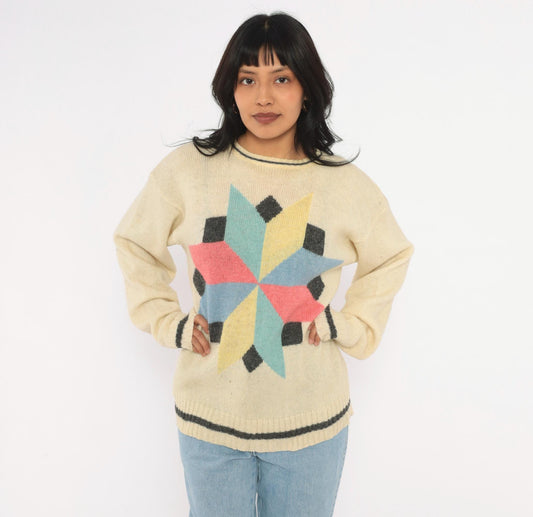 80s Cream Wool Sweater Geometric Star Pattern Knit Pink Blue Yellow Large L