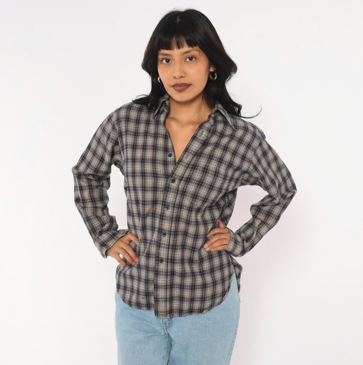 60s Sir Pendleton Wool Plaid Shirt Navy Brown Check Button Front Small