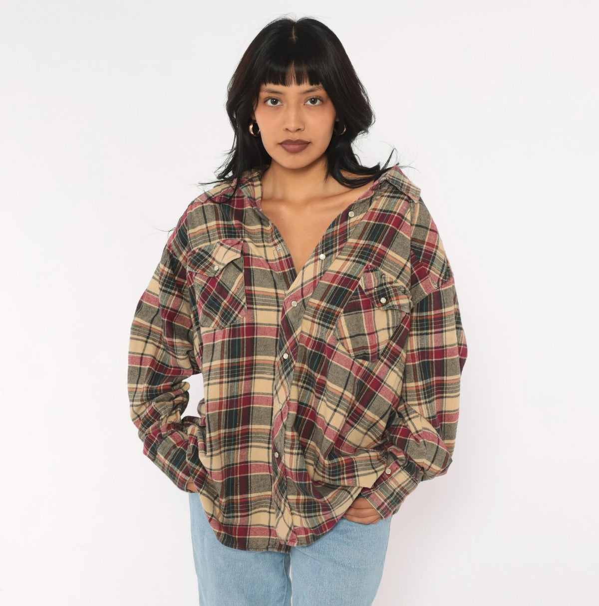 90s Plaid Flannel Shirt Tan Burgundy Pearl Snap Western Yoke Extra Large XXL