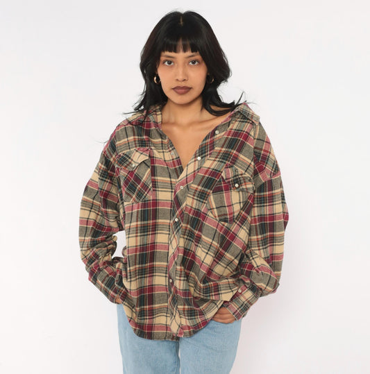 90s Plaid Flannel Shirt Tan Burgundy Pearl Snap Western Yoke Extra Large XXL