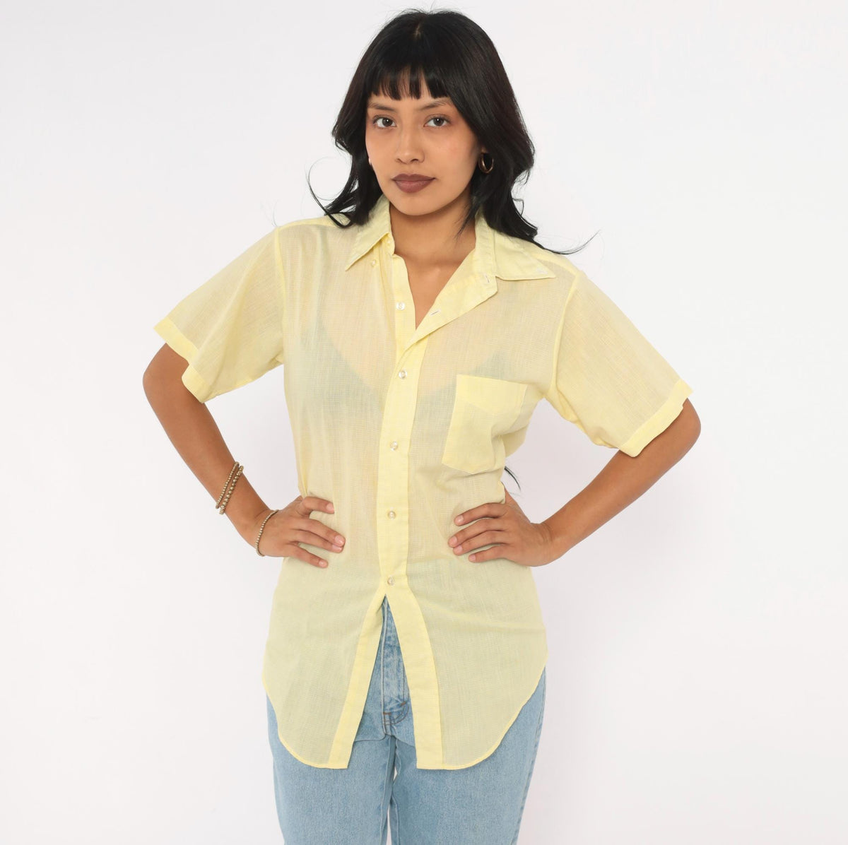 70s Yellow Cotton Button Up Shirt Short Sleeve Pointed Collar Chest Pocket Extra Small XS