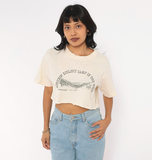 90s Audubon Ecology Camp Mountain Pine Tree Graphic Crop Top Cream Small