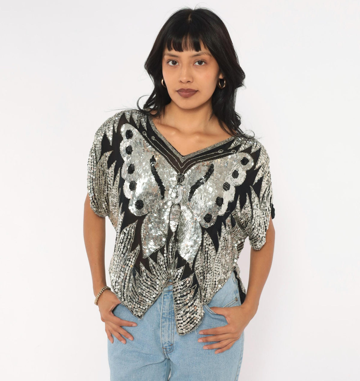 80s Silver Sequin Butterfly Silk Blouse Batwing Sleeve V Neck Medium