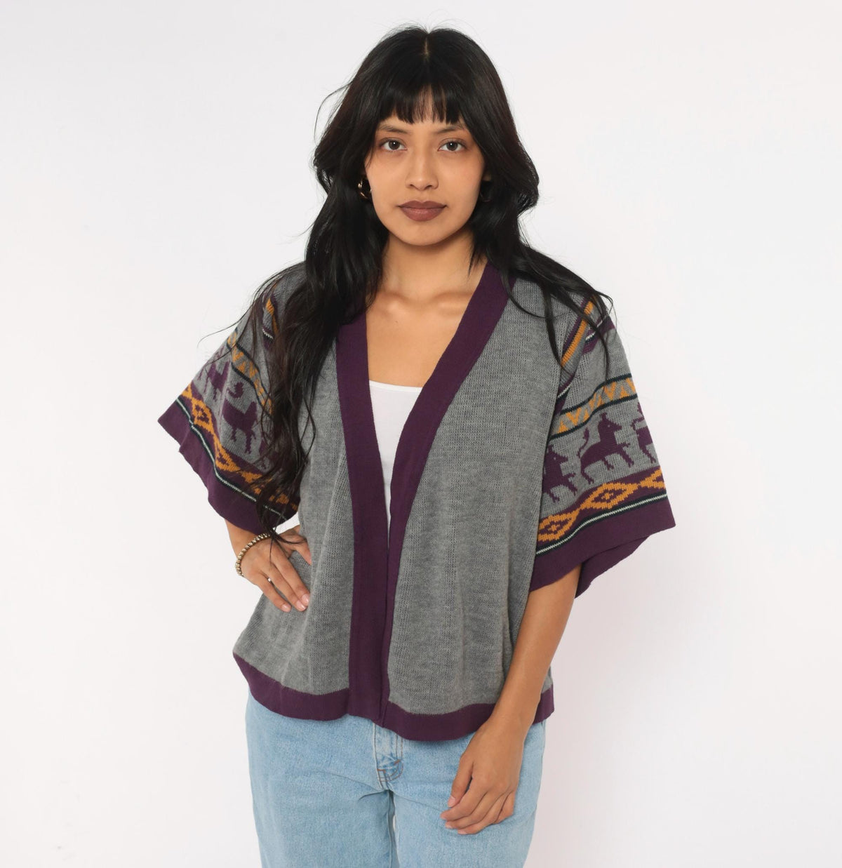 70s Southwestern Cardigan Gray Llama Alpaca Knit Kimono Sleeve Small Medium