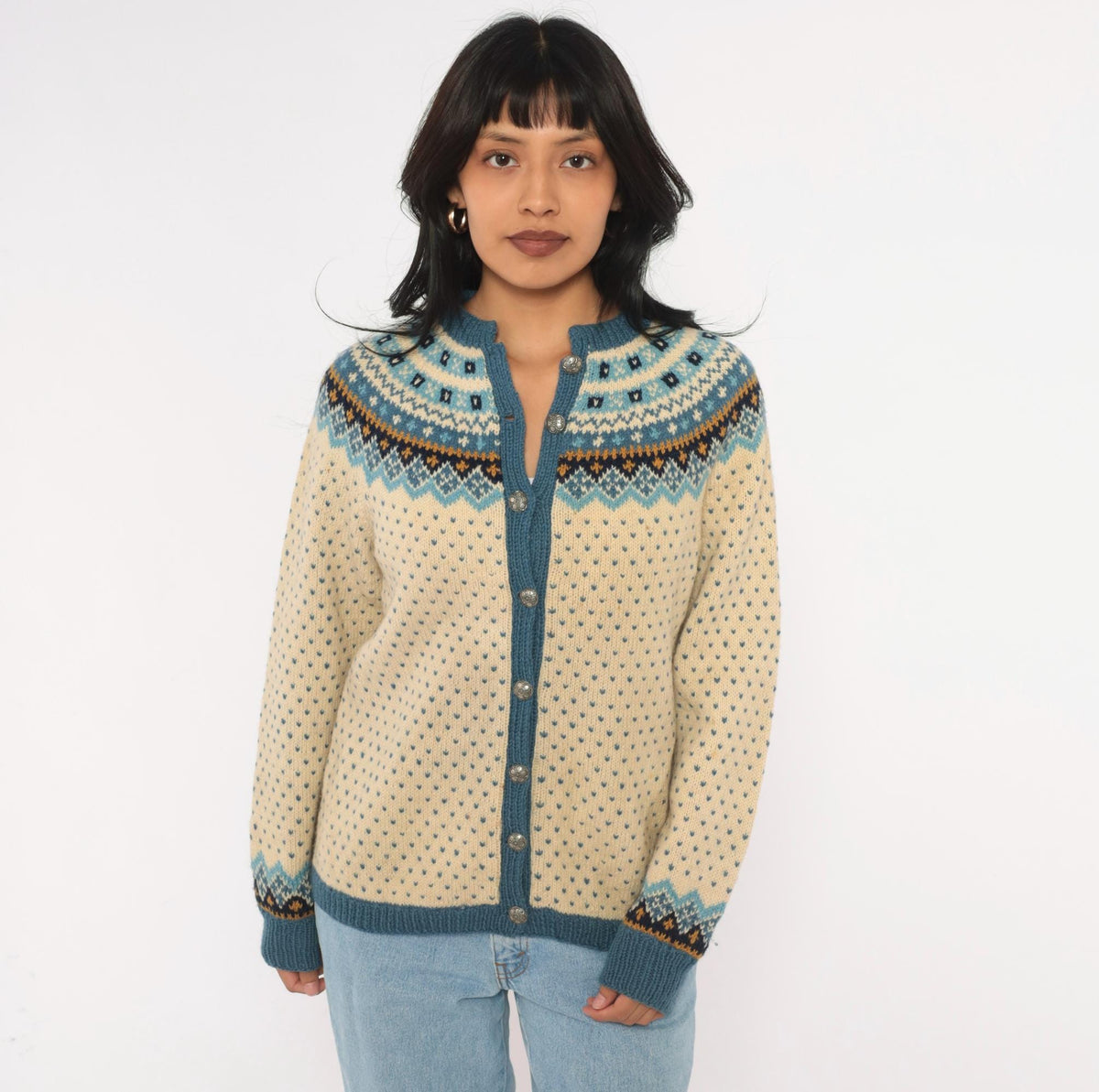 70s Norsk Husflid Fair Isle Wool Cardigan Blue Cream Nordic Knit Small