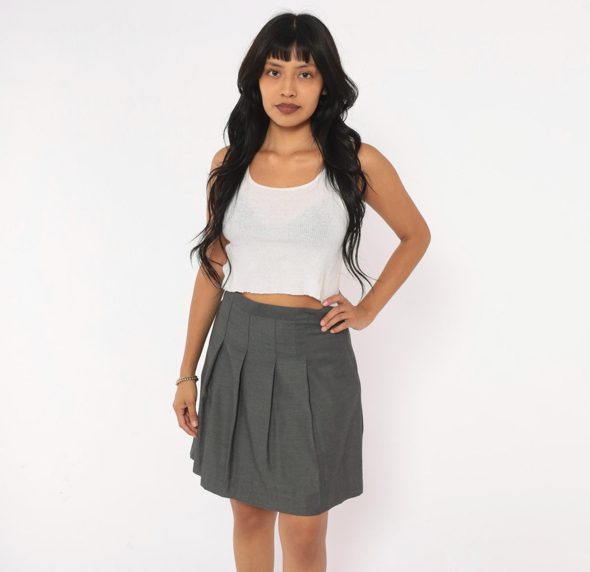 Y2K Grey Pleated Mini Skirt A-Line Box Pleat Charcoal Small S