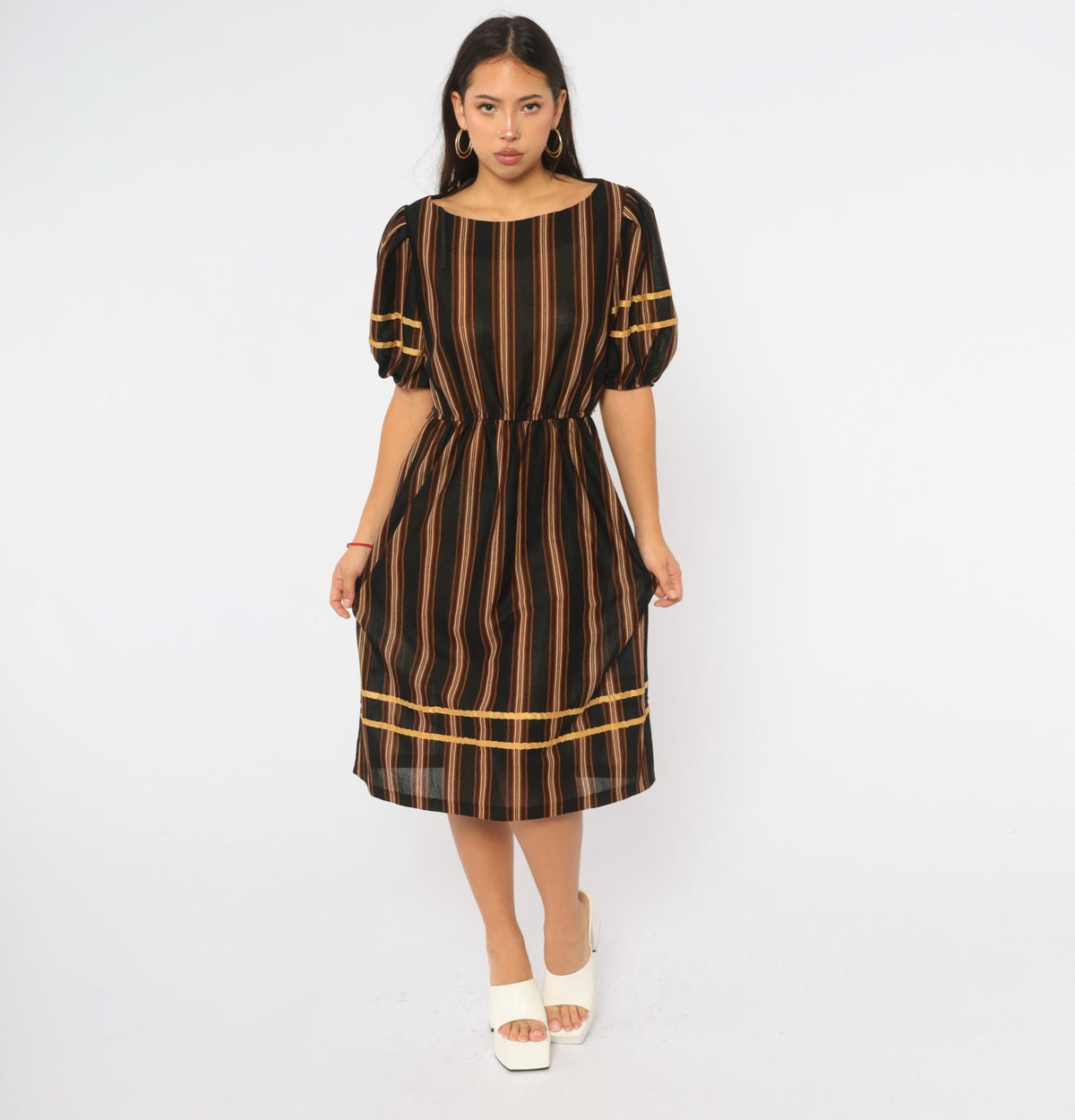 80s Jane Baar Striped Dress Puff Sleeve Gold Ribbon Trim Knee Length Small