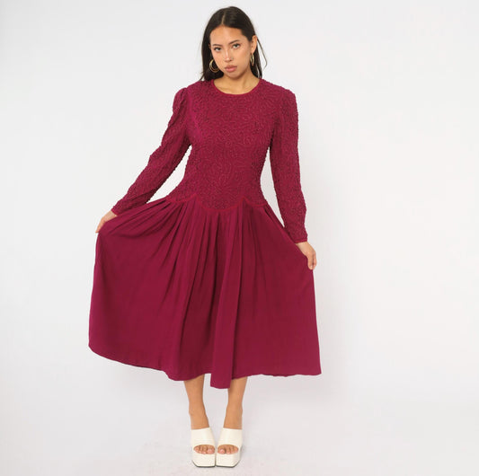 90s Talbots Burgundy Beaded Midi Dress Long Sleeve Scoop Neck Drop Waist Large L