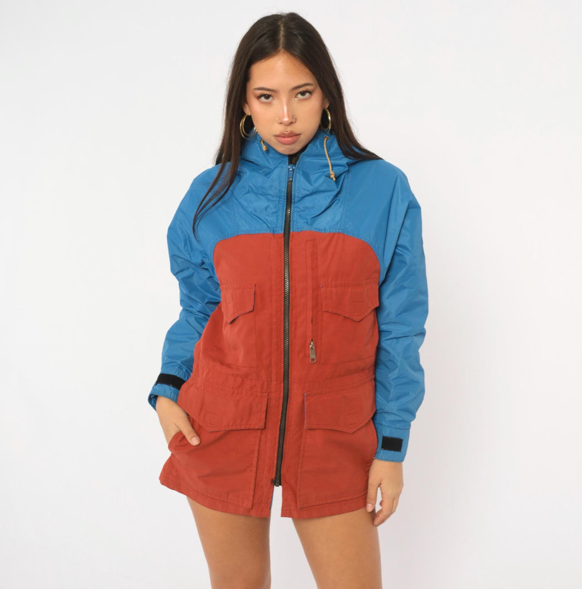 80s Jansport Hooded Windbreaker Cobalt Blue Rust Color Block Small