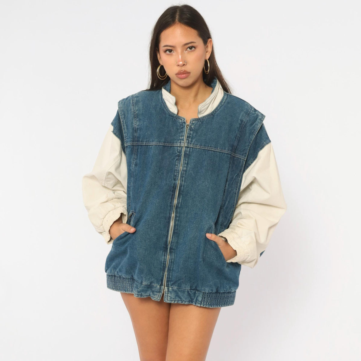 90s Dash Denim Bomber Jacket Blue Cream Color Block Dolman Large