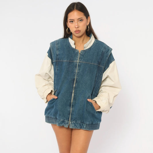 90s Dash Denim Bomber Jacket Blue Cream Color Block Dolman Large