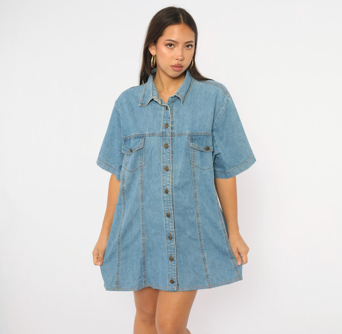 90s Switch II Denim Shirt Light Wash Cotton Short Sleeve Plus Size XXL
