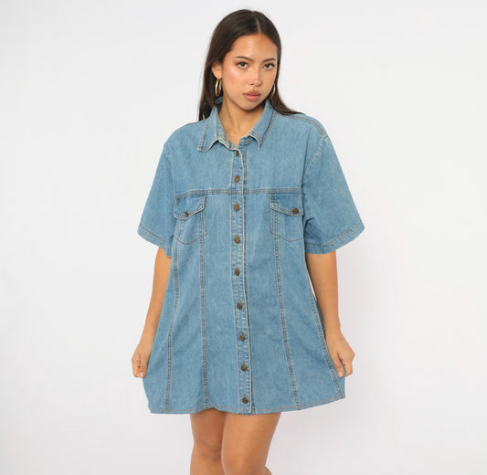 90s Switch II Denim Shirt Light Wash Cotton Short Sleeve Plus Size XXL